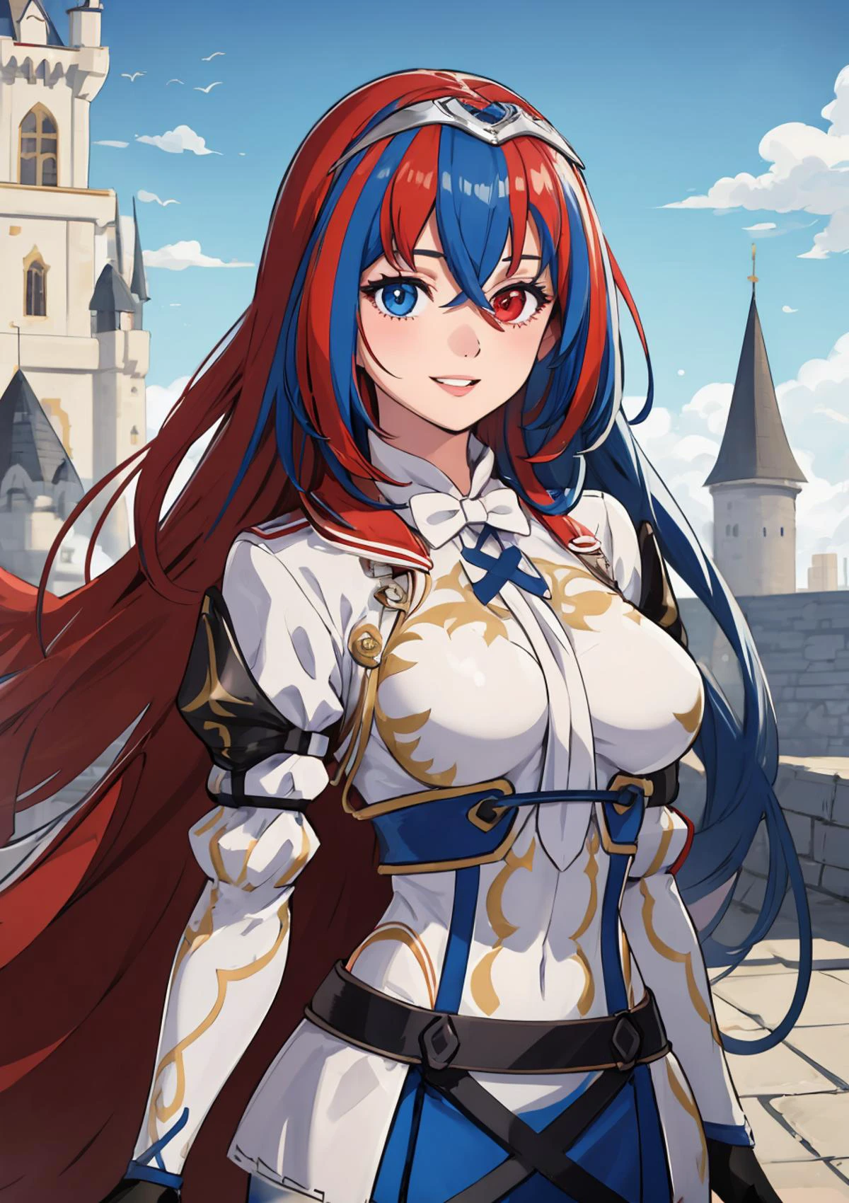 masterpiece, best quality, 1girl, solo, alear \(fire emblem\), very long hair, heterochromia, split-color hair, tiara, armor, gloves, jewelry, thighhighs, skirt, boots, smiling, parted lips, happy, outdoors, castle, detailed background, <lora:AlearFireemblem:0.7>