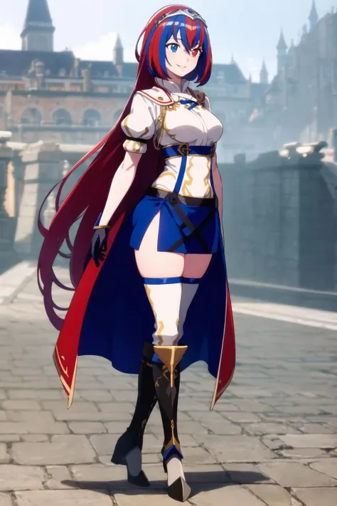 (extremely detailed CG),(best quality),1girl,perfect face,bright pupils,(finely detailed beautiful eyes),very long hair,shiny skin,lustrous skin,wide hips,narrow waist,alear \(fire emblem\),heterochromia,crossed bangs,split-color hair,tiara,armor,gloves,jewelry,thighhighs,skirt,boots,full body,standing,depth of field,light smile,castle background,from side,<lora:AlearFireemblem-08:0.7>,