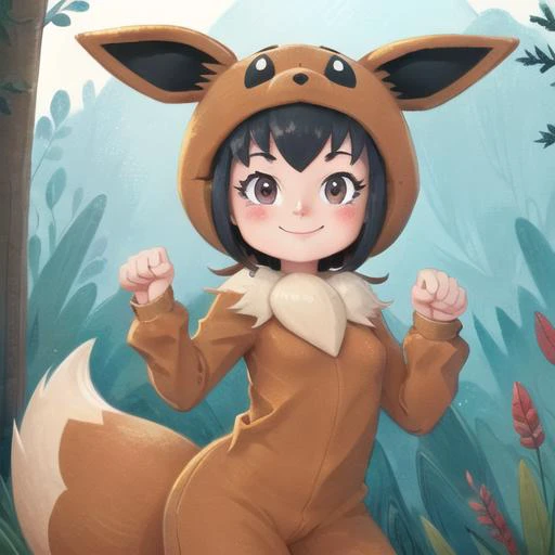 <lora:Pokekid:0.6>, Pokekid, best quality, (Masterpiece), (Best Quality), fantasy, extremely detailed, intricate, hyper detailed, illustration,soft lighting, , tail, 1girl, paw pose, forest, fluffy, <lora:beautifulDetailedEyes:0.7>, red hair, seductive smile, <lora: book illustration:0.9>,long sleeves, breasts, closed mouth,