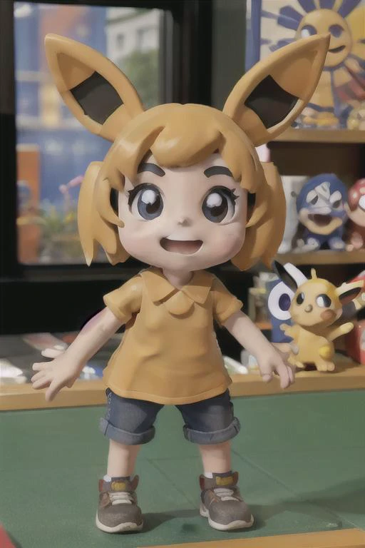 1girl, <lora:pokemonPokekid_v10:0.4> pokekid
standing in line at a game shop, store, shelvles, cartridges, counter, windows, claymation