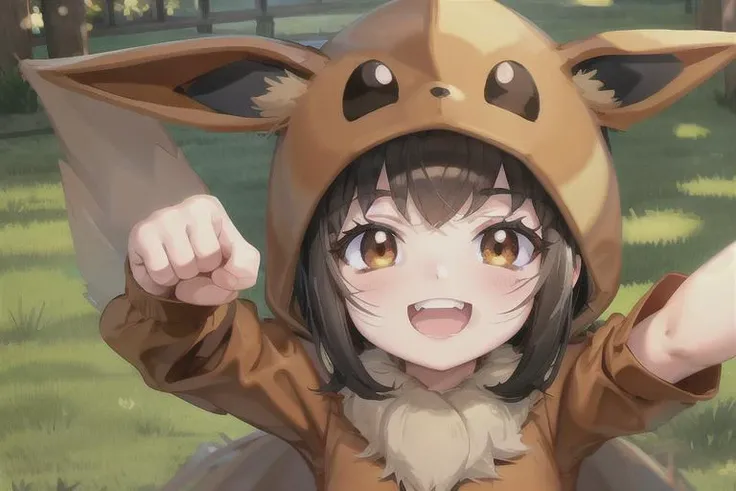 <lora:EeveeLora-10:0.8>, Pokekid, brown onesie, hood, grass, outdoors, beautiful, masterpiece, best quality, extremely detailed face, perfect lighting, 1girl, open mouth , smile, happy, cute, teeth, paw pose, hips,