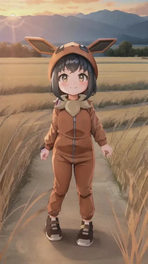 1 girl, Pokekid, girl in the wheat field, sunset, smile, full body, far view, cute, brown onesie <lora:EeveeLora:1>