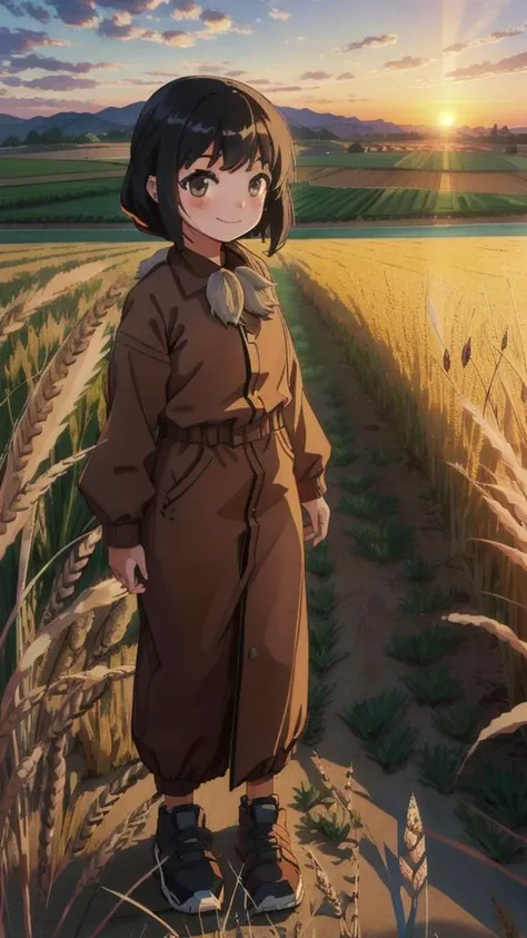1 girl, girl in the wheat field, sunset, smile, full body, far view <lora:EeveeLora:1>