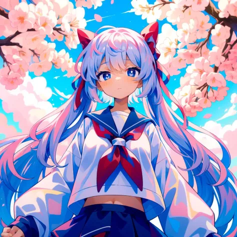 (masterpiece, best quality, high quality, highres, ultra-detailed), 1girl, solo, nodoka haramura, blue eyes, hair bow, long hair, pink hair, bow, blue skirt, kiyosumi school uniform, pleated skirt, school uniform, serafuku, skirt, <lora:uenomigitest:1>, , multicolored background, <lora:nodokaharamura:1>