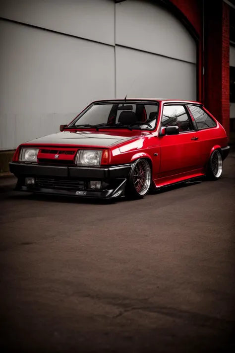 a red vaz 2108 car on lowered suspension with silver work r14 rims parked in a dark garage, silver rims, white rims, bagged, stance, custom fender, wide body kit, with (retro stripe vinyls:1.2) on its sides, speedhunters, dslr photo, 35mm photo, low contrast, muted colors <lora:vaz_2108:0.7>