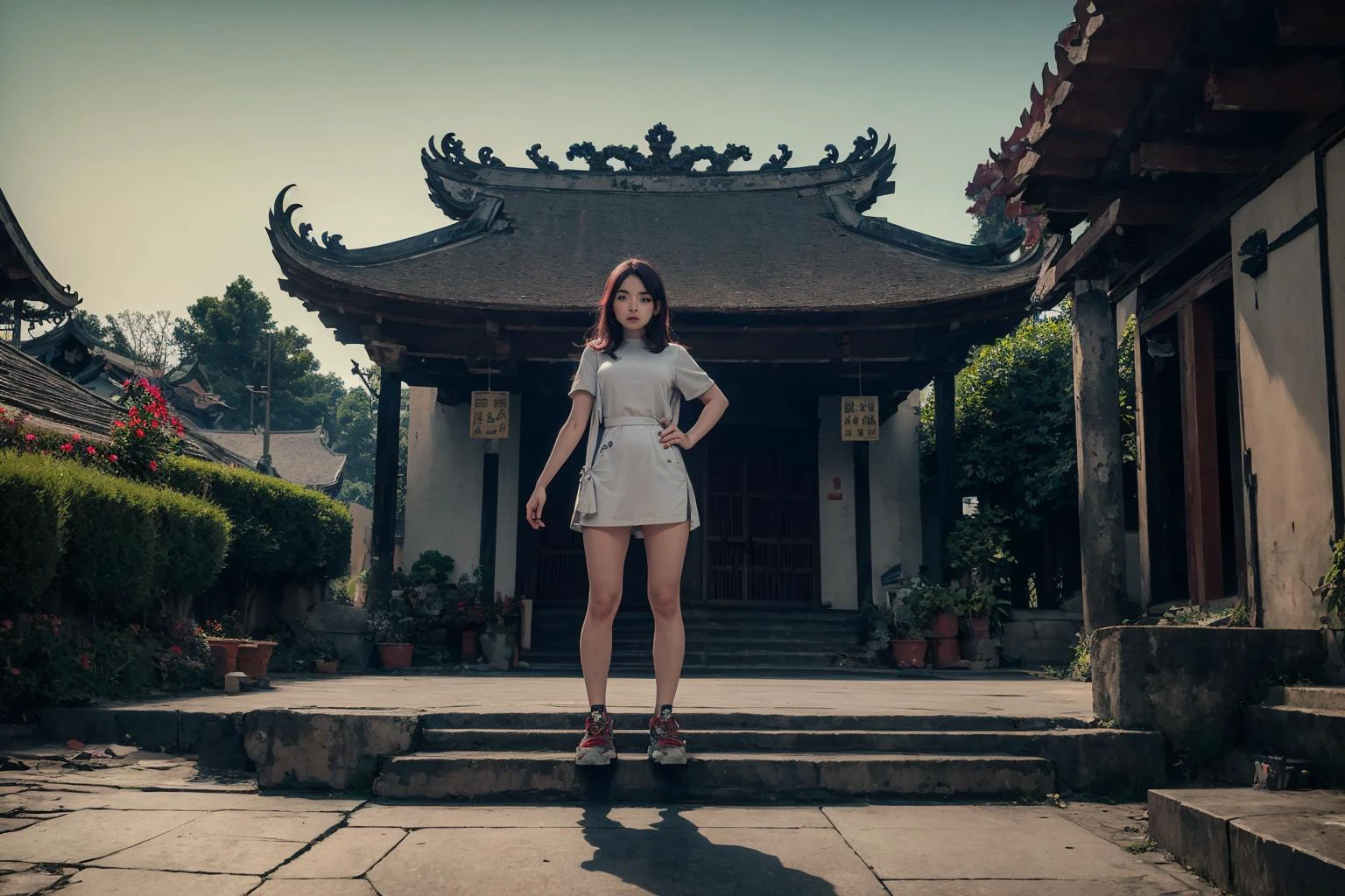 raw photo, photorealistic, realistic, absurdres,highres, landscape,1 mechanical girl standing in front of vietnamese temple, mechanical arms, cyberpunk, detailed background, <lora:Vietnamese_village_communal_house:0.8>, Vietnam temple, dinhlang, (wide shot:1.5), landscape, mechanical parts, outdoors,, masterpiece,ultra realistic,32k,extremely detailed CG unity 8k wallpaper, best quality