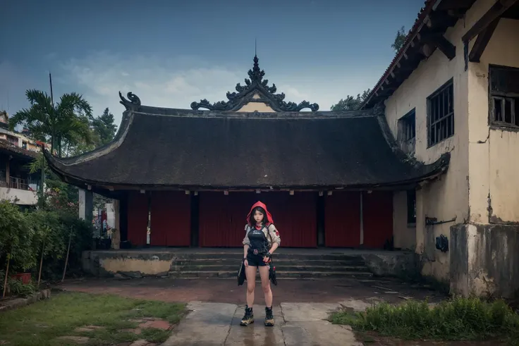 raw photo, photorealistic, realistic, absurdres,highres, landscape,1 mechanical girl standing in front of vietnamese temple, mechanical arms, cyberpunk, detailed background, <lora:Vietnamese_village_communal_house:0.8>, Vietnam temple, dinhlang, (wide shot:1.5), landscape, mechanical parts, outdoors,, masterpiece,ultra realistic,32k,extremely detailed CG unity 8k wallpaper, best quality