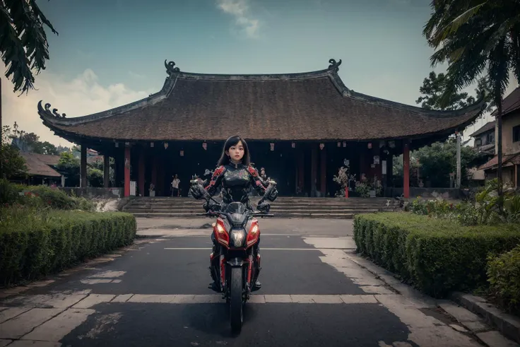 raw photo, photorealistic, realistic, absurdres,highres, landscape,1 mechanical girl standing in front of vietnamese temple, mechanical arms, cyberpunk, detailed background, <lora:Vietnamese_village_communal_house:0.7>, Vietnam temple, dinhlang, wide shot, (landscape:1.3), mechanical parts, outdoors,, masterpiece,ultra realistic,32k,extremely detailed CG unity 8k wallpaper, best quality