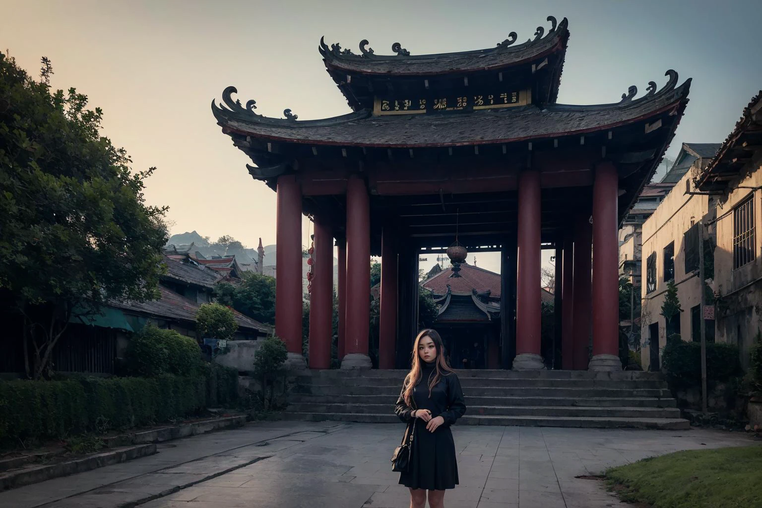 raw photo, photorealistic, realistic, absurdres,highres, landscape,1 mechanical girl standing in front of vietnamese temple, mechanical arms, cyberpunk, detailed background, <lora:Vietnamese_village_communal_house:0.7>, Vietnam temple, dinhlang, wide shot, (landscape:1.3), mechanical parts, outdoors,, masterpiece,ultra realistic,32k,extremely detailed CG unity 8k wallpaper, best quality