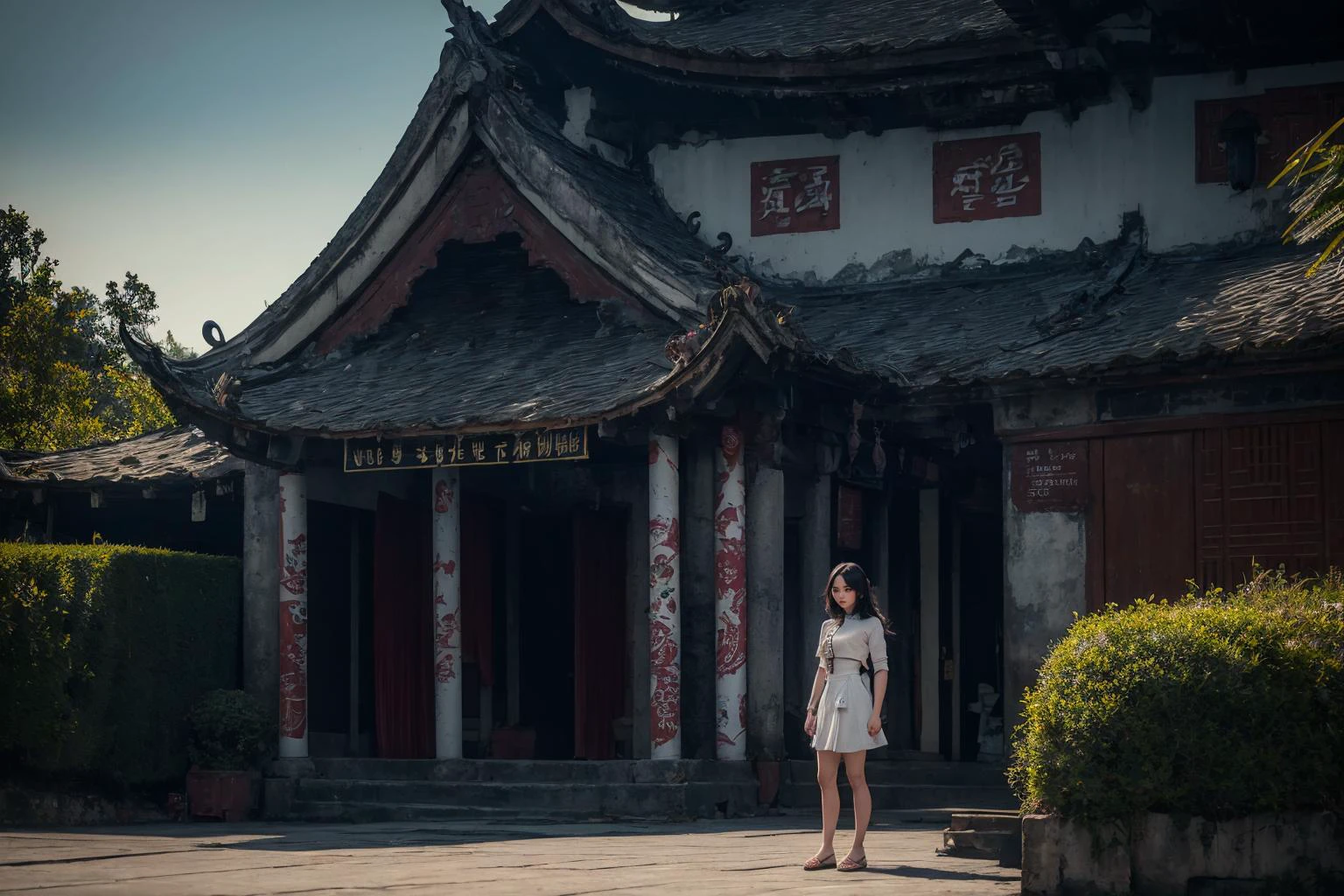 raw photo, photorealistic, realistic, absurdres,highres, landscape,1 mechanical girl standing in front of vietnamese temple, mechanical arms, cyberpunk, detailed background, <lora:Vietnamese_village_communal_house:0.7>, Vietnam temple, dinhlang, wide shot, (landscape:1.3), mechanical parts, outdoors,, masterpiece,ultra realistic,32k,extremely detailed CG unity 8k wallpaper, best quality