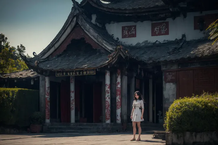 raw photo, photorealistic, realistic, absurdres,highres, landscape,1 mechanical girl standing in front of vietnamese temple, mechanical arms,  cyberpunk, detailed background, <lora:Vietnamese_village_communal_house:0.7>, Vietnam temple, dinhlang, wide shot, (landscape:1.3), mechanical parts, outdoors,, masterpiece,ultra realistic,32k,extremely detailed CG unity 8k wallpaper, best quality