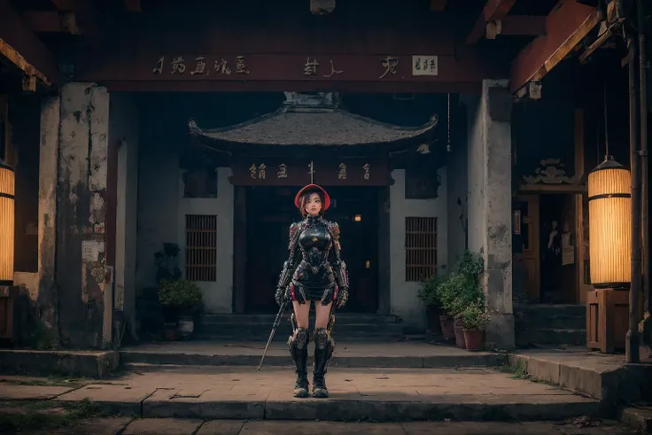 raw photo, photorealistic, realistic, absurdres,highres, landscape,1 mechanical girl standing in front of vietnamese temple, mechanical arms, cyberpunk, detailed background, <lora:Vietnamese_village_communal_house:0.8>, Vietnam temple, dinhlang, (wide shot:1.5), landscape, mechanical parts, outdoors,, masterpiece,ultra realistic,32k,extremely detailed CG unity 8k wallpaper, best quality