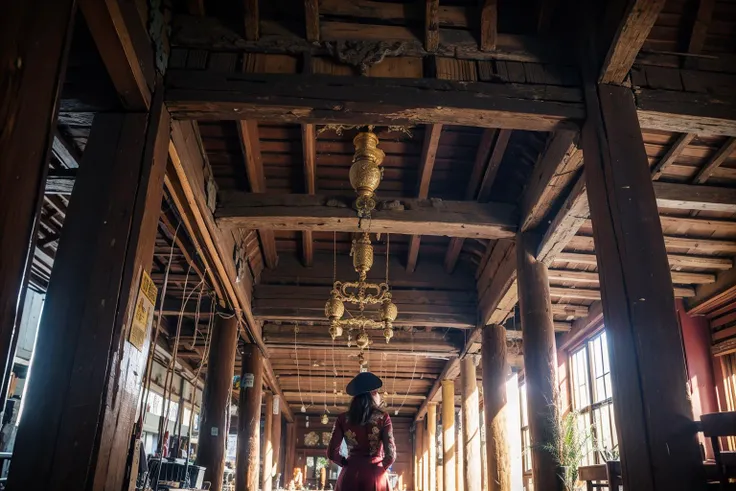 masterpiece,ultra realistic,32k,extremely detailed CG unity 8k wallpaper, best quality, (1 girl, cowboy shot), Vietnam temple, wide shot, <lora:Dinhlang2:0.65>