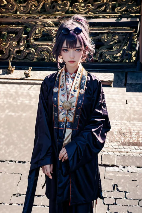 realistic,( photo-realistic), ultra hires, (masterpiece, top quality, best quality, official art, beautiful and aesthetic, raw photo:1.4),(high detailed skin:1.2), ultra realistic, 32k,
BREAK
1girl, <lora:Vietnamese_village_communal_house_2:0.9>, Vietnam temple, dinhlang, (temple indoor:1.2), cowboy shot,
<lora:Kafka_v26:0.9>,kafka, purple eyes, purple hair, eyewear on head, sunglasses, narrow waist, dynamic pose, dynamic angle,
BREAK
<lora:Nhatbinh-000004:0.7>,