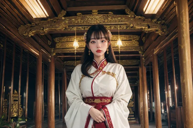 masterpiece,ultra realistic,32k,extremely detailed CG unity 8k wallpaper, best quality, (1 girl, cowboy shot), Vietnam temple, (temple indoor:1.2), wide shot, <lora:Dinhlang2:0.65>
