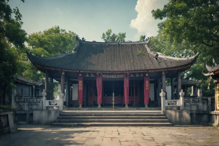 masterpiece,ultra realistic,32k,extremely detailed CG unity 8k wallpaper, best quality, Vietnam temple, (temple outdoor:1.2), wide shot, <lora:Dinhlang2:0.65>