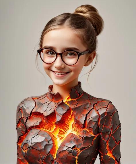 (A medium body view of a girl made from cracked magma:1.2),<lora:CrackedMagma:1.2> , glasses, looking at viewer, smiling, happy, standing, high quality, masterpiece, (solid neutral background:1.3)