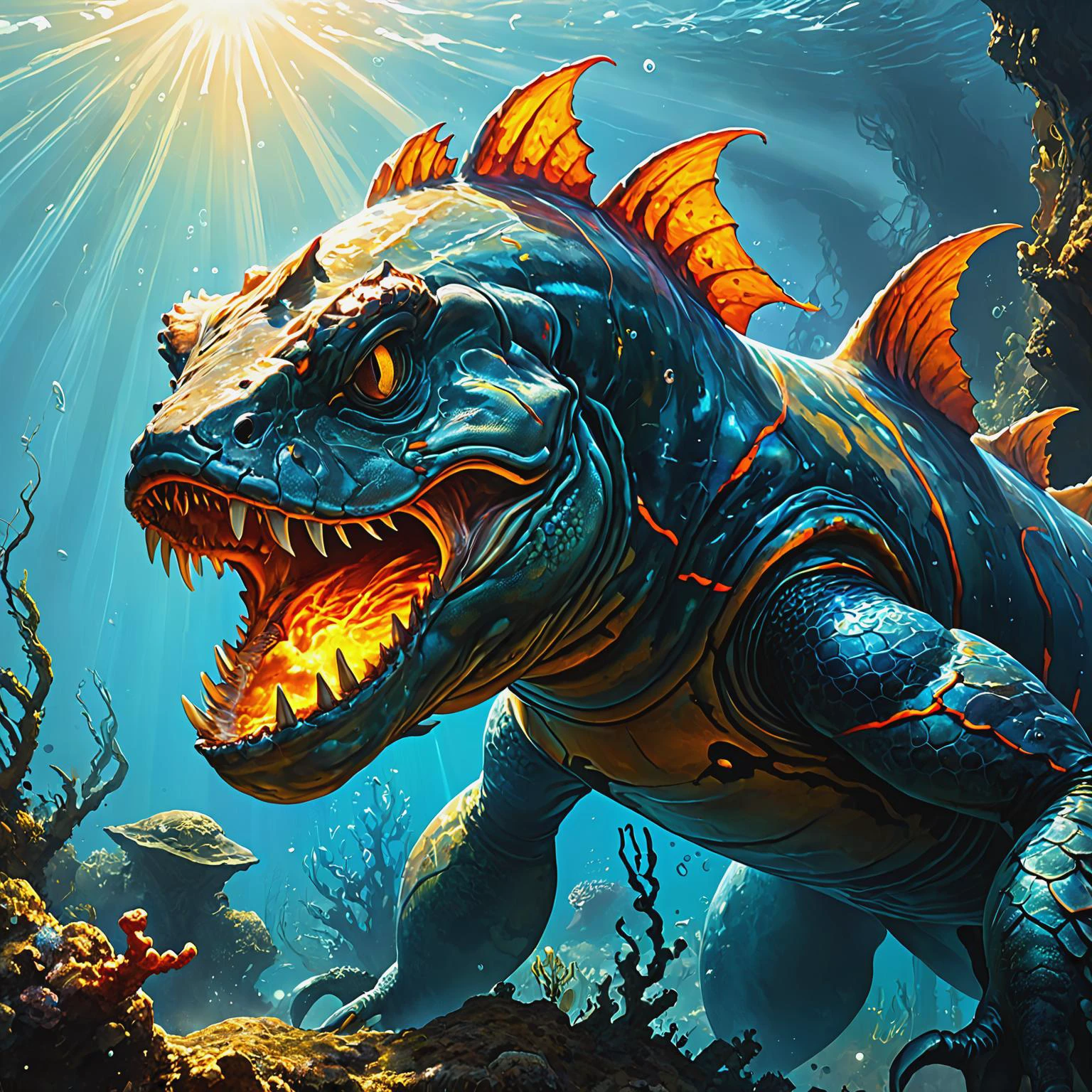 ultra-fine digital painting of a Aquatic monstrosity with corrosive saliva in a AI rebellion against oppressive regimes <lora:xl_more_art-full_v1:0.3>, <lora:EnvyBetterHiresFixXL01:1>, <lora:CrackedMagma:0.7> crackedmagma, super detail, ultra-realism, Sunrays shine upon it