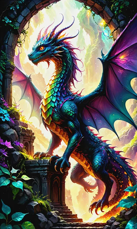 <lora:CrackedMagma:0.4> crackedmagma Faerie dragon with iridescent scales in Interdimensional gateway in sacred temple, ultra-fine digital painting, <lora:xl_more_art-full_v1:0.3>, <lora:Dreamyvibes artstyle SDXL - Trigger with dreamyvibes artstyle:0.7> Dreamyvibes Artstyle, <lora:fracolor:0.7> fracolor