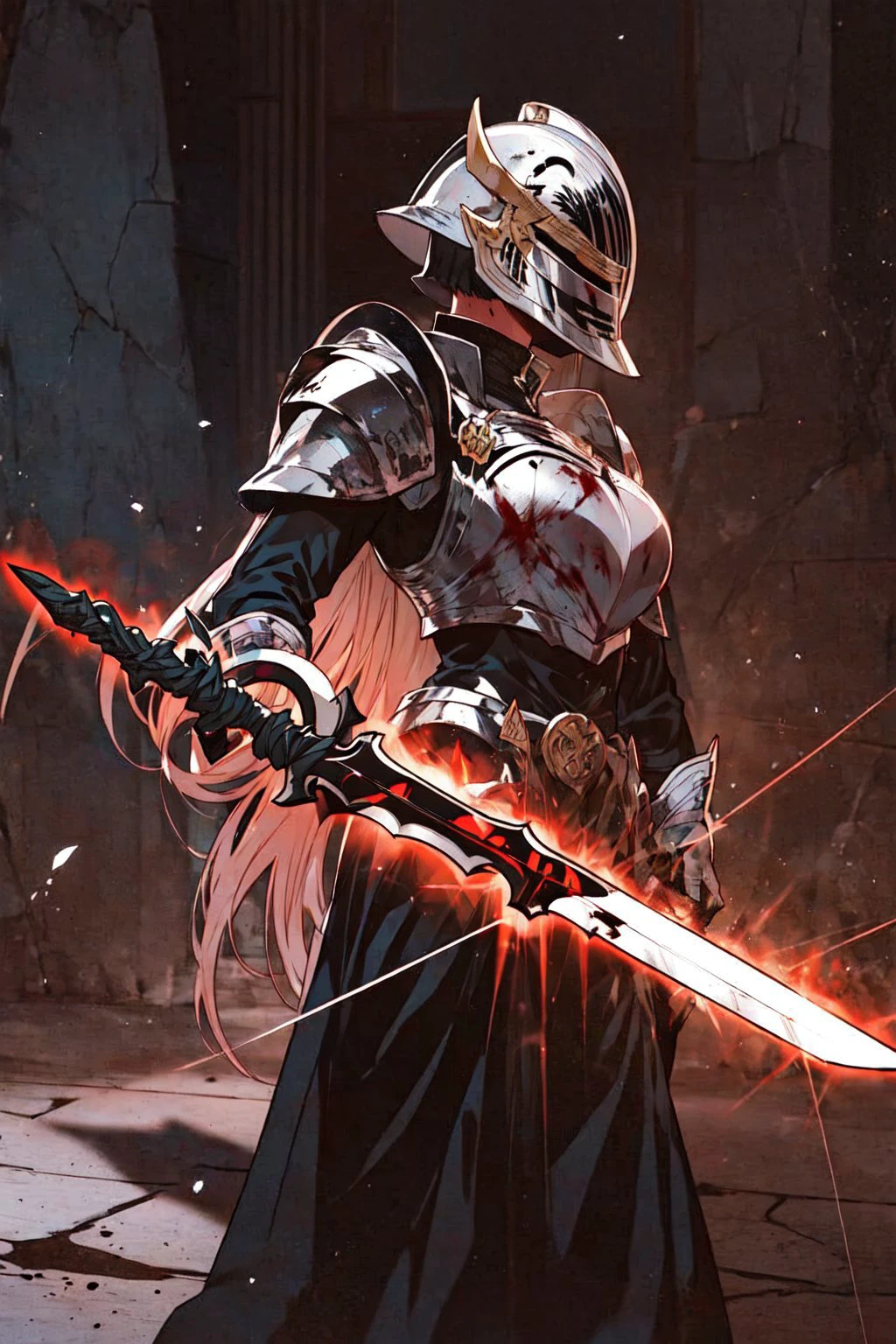 green eyes, knight in an armor (helmet:1.5) covered in blood, anime wallpaper, sword in hand, looking at viewer, <lora:invisible-14:0.8> invisible, no humans, faceless, headless <lora:lightweapon2:0.6> l2lightweapon,