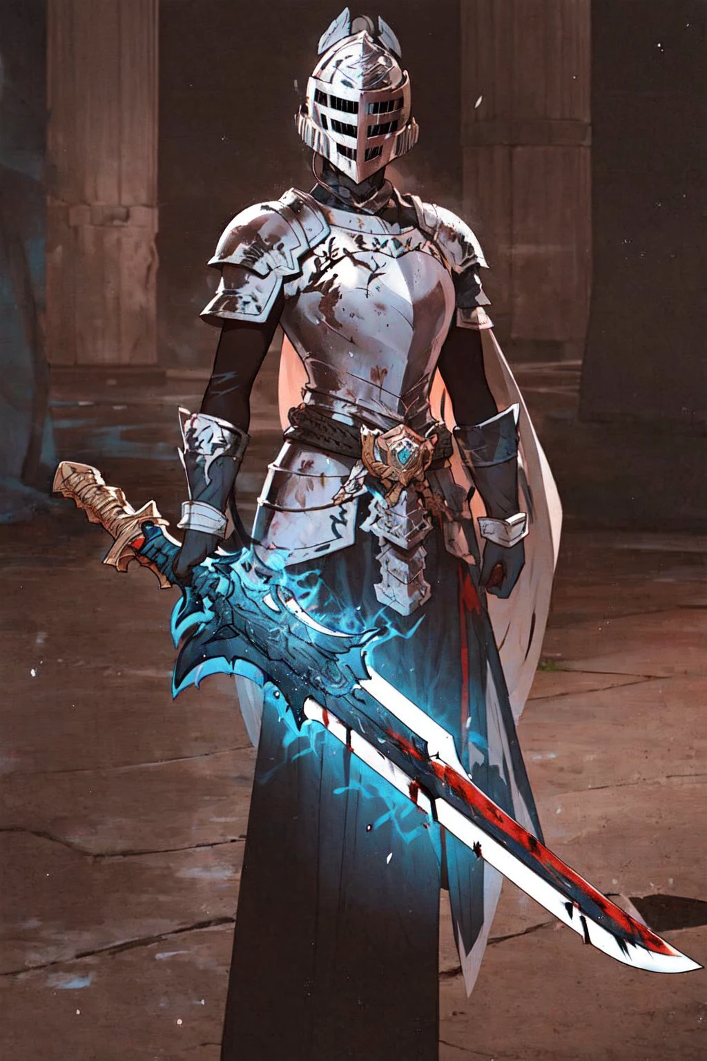 green eyes, knight in an armor (helmet:1.5) covered in blood, anime wallpaper, sword in hand, looking at viewer, <lora:invisible-14:0.8> invisible, no humans, faceless, headless <lora:lightweapon2:0.6> l2lightweapon, <lora:CGgameweaponicon hsw:0.6> CGgameweaponicon hsw, weapon, sword