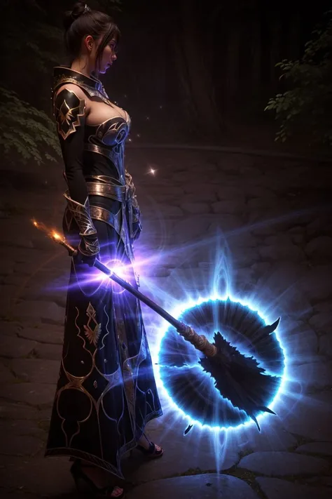 1girl, <lora:fubuki onepunch-kk77-v1:0.6> breasts, solo, green, dress, eyes, coat, the, forest on background, (mage staff: 1.3), <lora:lightweapon2:0.7> l2lightweapon, (purple light: 1.3), from above, mountains, (masterpiece: 1.2), (best quality: 1.2), <lora:more_details:0.8>