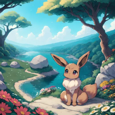 masterpiece, high quality, highly detailed, detailed background, detailed fur, <lora:Y1-Furry-Eeveelution:0.8>, eevee, feral, female, siting, riverbed, flowers, trees, ocean view, stone, boulders