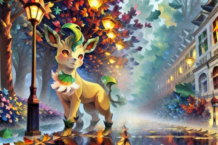 <lora:S1-Furry-Eeveeution:1.0>, Furry-Eeveeution, (by leonid afremov:1.45), (by Scott Naismith:0.9), (by Josephine Wall:0.9), (by Alexandre Calame:0.8),  (by Brent Heighton:0.8), (by Claude Monet:0.8), (by Erin Hanson:0.8), (by Ivan Shishkin:0.8), (by John Atkinson Grimshaw:0.8), (by Joseph Mallord William Turner:0.8), abstract, solo focus, feral, male, ((feral leafeon with (big leaf tail:1.2))), contented, (realistic anime eyes:1.4), outdoors at midnight, autumn night, [tree canopy], (street lamps on poles:1.3), bloom, gentle rain, (reflective puddles:1.7), (three toes:1.7), (pink paw pads:1.5), (paw focus:1.7), (body focus:1.7), [[standing]], (standing tall), head held high, (realistic proportions), (side view), (far away:1.6), (far away character:1.6), (long front legs),