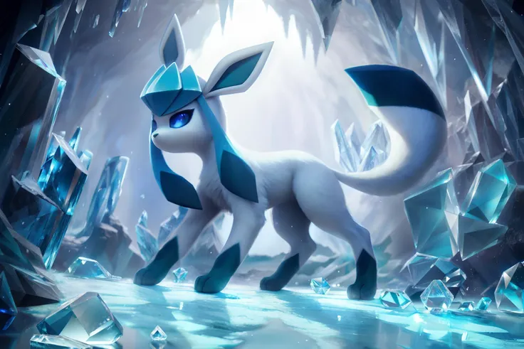 there is a very cute pokemon figure sitting in a pool, a pastel by Shitao, pixiv, furry art, a glaceon ice princess, water type, from league of legends, wlop : : 5, detailed fanart, high quality fanart, illustration pokemon, mew, extremely detailed artgerm, commission for high res
