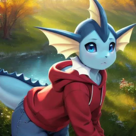 Vaporeon, female, standing, large legs, under view, by w4g4, showing pussy and tits, small waist, park, worm's-eye view