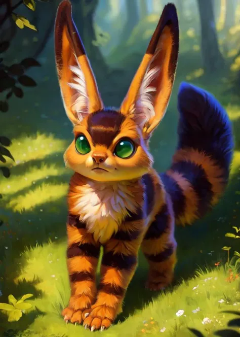 <lora:Y1-Furry-Eeveelution:0.75>, uploaded on e621, ((by Sabretoothed Ermine, by Supplesee, by Joaqun Sorolla)), solo (quadruped feral:1.4) chibi (((Teto \(ghibli\)))) with ((brown body)) and (fluffy tails, inner fluff ear, cheek tuft, fennec ears) and ((clear green eyes)), (detailed Teto \(nausicaa\)), ((detailed fluffy fur)), (full-length portrait, looking away, front view, [high-angle view]:1.2), BREAK, (detailed background, depth of field, half body shadow, sunlight, ambient light on the body), (intricate:0.7), (high detail:1.2), (unreal engine:1.3), (soft focus:1.1), [explicit content, questionable content], (masterpiece, best quality, 4k, 2k, shaded, absurd res)