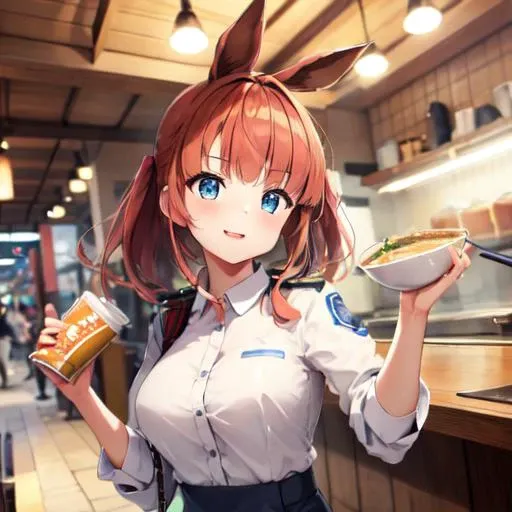 misako \(rcg\), <lora:kyokoMisakoRiverCity_kyokov10:0.7>, Beautiful Art Style, 1girl, young woman, looking at viewer, hot, ramen shop, dynamic pose, policewoman costume, eevee,<lora:furryEeveelutionLora_v2:0.8>