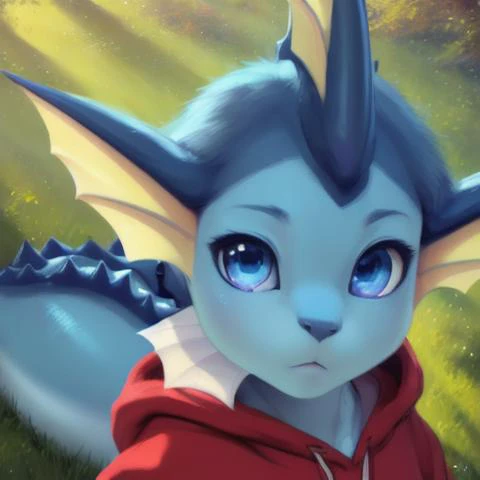 kemono, art by dagasi, Uploaded to e621.net, (Pixelsketcher), (wamudraws), (masterpiece), (HD), (high res), (feet visible), (furry anthro), (detailed fur), (detailed shading), (beautiful render art), (by whisperingfornothing), solo, toddler, male, vaporeon, pokemon, detailed background, (cinematic lighting:1.1), (perfect focus:1.1), 8k hd, photo, (detailed eyes:1.2), [(slim figure, flat chest, skinny)], (brown hair:1.5), wearing a damaged hoodie, blue eyes, human boy, skin become furry and like vaporeon, blue skin, shocking face, in a mysterious forest, 