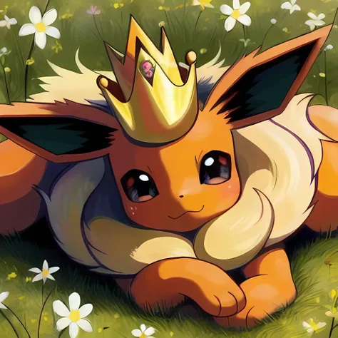 flareon, Beautiful Art Style, 1girl,  Crown/Crown, resourceful, spring, lying against the ground, hand on head,  <lora:furryEeveelutionLora_v2:0.8>,   <lora:dohna:1> <lora:dohnaDohnaGyokai100Style_v10:0.8>,