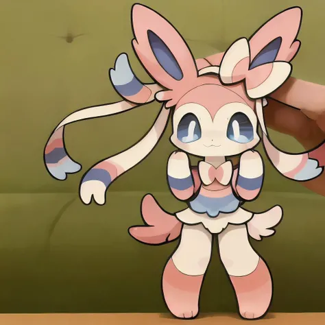 sylveon, Beautiful Art Style, 1girl, blue sleeves, dusty, summer, standing in an s-shape, <lora:furryEeveelutionLora_v2:0.8>, pepako, person holding a paper cut doll <lora:pepakoPaperPuppet_v10:0.8>,