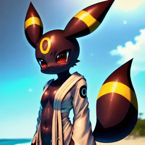 umbreon, Beautiful Art Style, 1girl, open robe, organic, summer, yokozuwari, <lora:furryEeveelutionLora_v2:0.8>, mecha \(mjstyle\), <lora:mechaMjstyle_v10:0.6>,