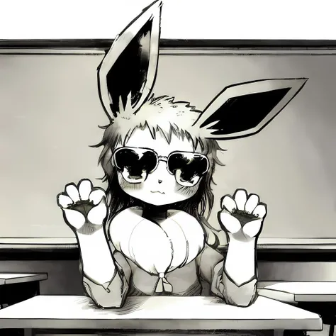 eevee, Beautiful Art Style, 1girl, sunglasses, honorable, classroom, outstretched handinterlocked fingers, <lora:furryEeveelutionLora_v2:0.8>, shouhui, limited palette, <lora:shouhuiline:0.8>,