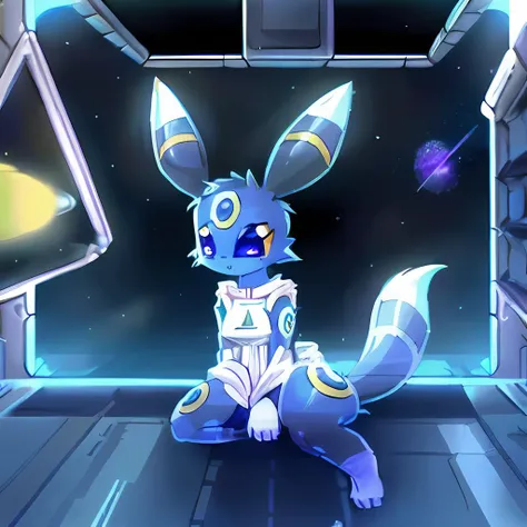 umbreon, Beautiful Art Style, 1girl, smock, textile, space station, resting on a diagonal, <lora:furryEeveelutionLora_v2:0.8>, HologramCzar, <lora:Hologram-v1:1.2>,