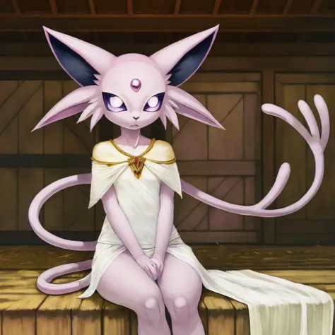 espeon, Beautiful Art Style, 1girl,  tallit, overwrought, barn, sitting on shoulder,  <lora:furryEeveelutionLora_v2:0.8>,   maddy, <lora:bonkv1.3:0.8>,