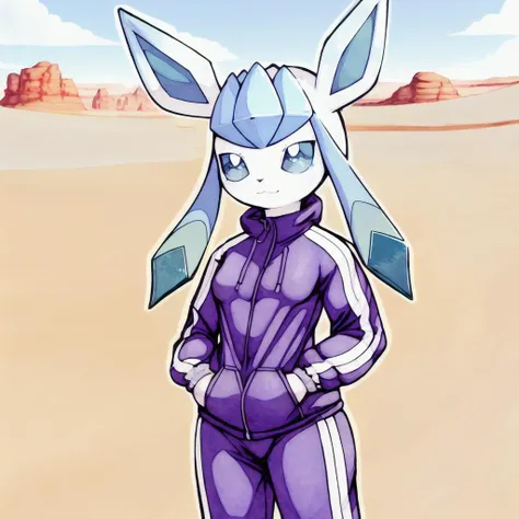 glaceon, Beautiful Art Style, 1girl,  track suit, substantive, desert, seiza,  <lora:furryEeveelutionLora_v2:0.8>,   <lora:RainbowLinesStyle_v2:0.8>,