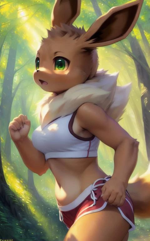 <lora:S1-Furry-Eeveeution:0.72>, Furry-Eeveeution, uploaded on e621, [sharp focus], [questionable content], [shaded], ((masterpiece)), solo female ((brown fluffy Eevee)) with (((fluffy brown body))) and (((white neck tuft))) and (brown fluffy dipstick tail) and ((clear green eyes)), ((she has small medium breasts)), (((clothing))), ((wear modest (long:1.9) green running shorts and a green sports bra)), (((detailed Chunie anthro [Eevee]))), (detailed Chunie lighting), (detailed fur), (detailed breasts), [human hands], [detailed body and arms], [detailed Shiitakemeshi skin], [detailed ambient light],  ((jogging trail in a sparse sunlit suburban forest)), [walking], panting, breathing through mouth, mouth slightly open, [cinematic lighting], [quarter angle view], [side view], [face focus], [genital focus], [feet focus], higher legs detail, (half body shadow), [green natural lighting], [ambient light on the belly], realistic proportions, [small head], relaxed, contented,