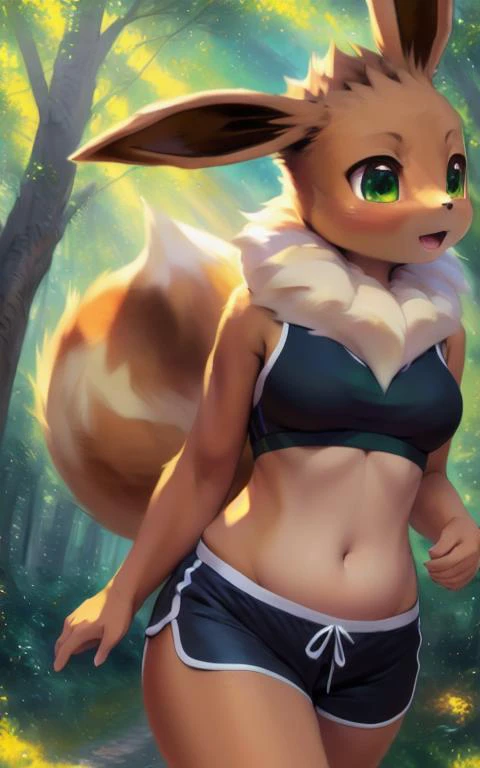 <lora:S1-Furry-Eeveeution:0.72>, Furry-Eeveeution, uploaded on e621, [sharp focus], [questionable content], [shaded], ((masterpiece)), solo female ((brown fluffy Eevee)) with (((fluffy brown body))) and (((white neck tuft))) and (brown fluffy dipstick tail) and ((clear green eyes)), ((she has small medium breasts)), (((clothing))), ((wear modest (long:1.9) green running shorts and a green sports bra)), (((detailed Chunie anthro [Eevee]))), (detailed Chunie lighting), (detailed fur), (detailed breasts), [human hands], [detailed body and arms], [detailed Shiitakemeshi skin], [detailed ambient light],  ((jogging trail in a sparse sunlit suburban forest)), [walking], panting, breathing through mouth, mouth slightly open, [cinematic lighting], [quarter angle view], [side view], [face focus], [genital focus], [feet focus], higher legs detail, (half body shadow), [green natural lighting], [ambient light on the belly], realistic proportions, [small head], relaxed, contented,