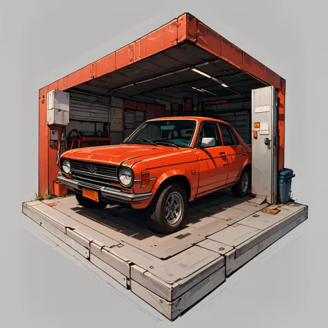 hx, car, garage, cement floor, ceiling,  <lora:hexagon_composition_pony_06:1>