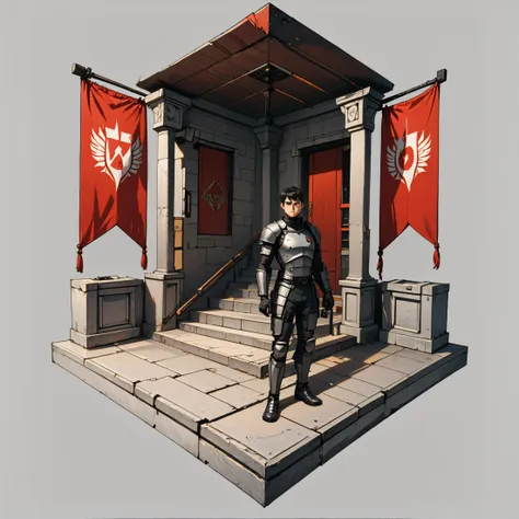 hx, man, adventurer, armor, standing, stone floor, castle interior, stairs, stone ceiling, red banner <lora:hexagon_composition_pony_06:1>