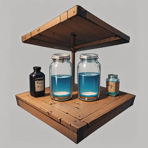 hx, jar, filled with water, wooden table <lora:hexagon_composition_pony_06:0.8>