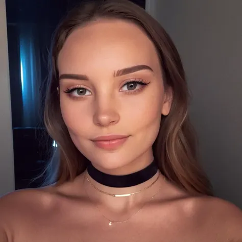 Film grain, skin texture, Instagram selfie of a woman wearing a choker, bright lighting, 4K, high res,  <lora:asmrdarling_xl_2_standard_merger_21_51_055_045:1>, slight smile