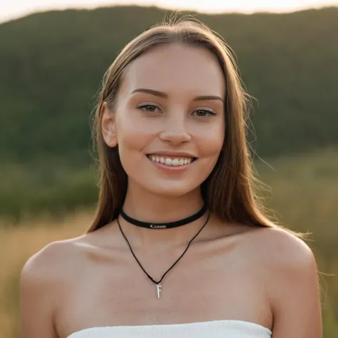 Skin texture, no makeup, Super high res closeup portrait photo of a stunning woman outdoors with straight hair, wearing a small string choker around her neck,f /2.8, Canon, 85mm,cinematic, high quality,looking at the viewer, , <lora:asmrdarling_xl_2_standard_merger_21_51_055_045:1.2>, smiling