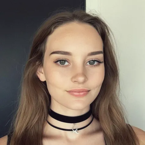 Film grain, skin texture, Instagram selfie of a woman wearing a choker,f/1.8, <lora:asmrdarling_xl_2_standard_merger_21_51_055_045:1>, slight smile