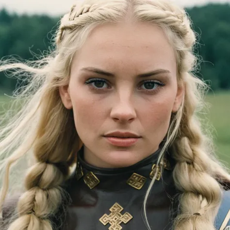 Face closeup of a viking princess with blonde hair in a battle, grim,f /2.8, Canon, 85mm,analog, fiilm grain , <lora:asmrdarling_xl_2_standard_merger_21_51_055_045:1.1>