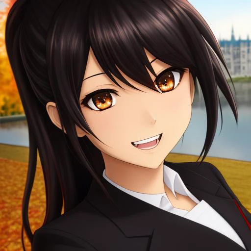 art by yaguru magiku, A teenage girl wearing a black school uniform, angry smile, in the style of Kyoto Animation in the 2010s, official art, ((((black hair)), eyes of Haruhi Suzumiya, face of Haruhi Suzumiya)), beautiful symmetric face, ponytail, at a medieval european castle on an autumn day, alone, solo, 8k, posing of Haruhi Suzumiya